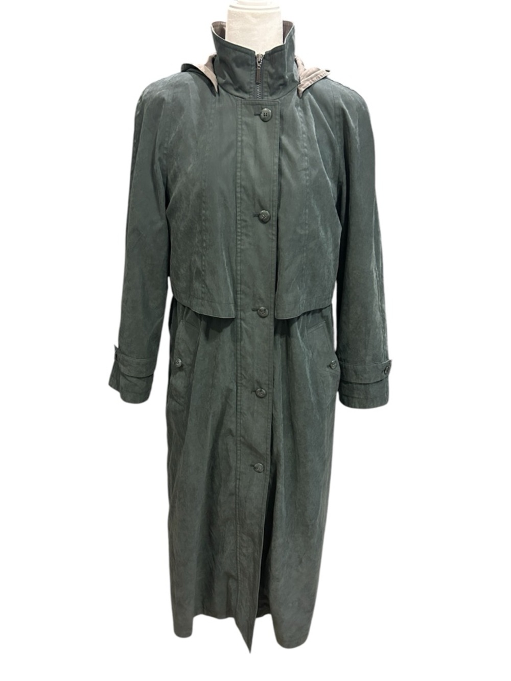 Longline Forest Green Trench Coat with High Collar - Women